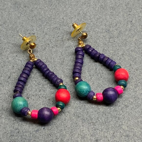 Teardrop Dangle Pierced Earrings 2.5 In Multicolor Beaded Hoop Purple Blue Red - Picture 4 of 5